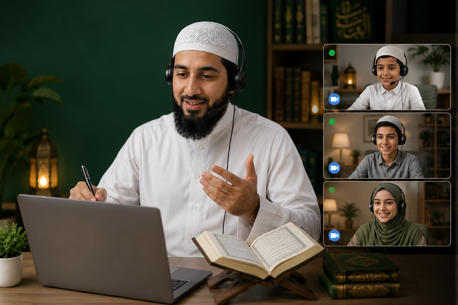 Child learning Quran online with a tutor